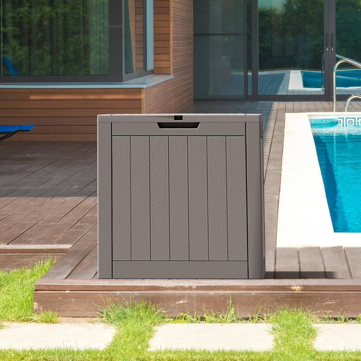 NUNU LAB Outdoor Storage Box, 45 Gallon Outside Deck Box Waterproof, Resin Outdoor Storage Cabinet With Lockable Lid, Backyard Storage Bench For Garden Tools, Patio Cushions, Pool Tools, Black