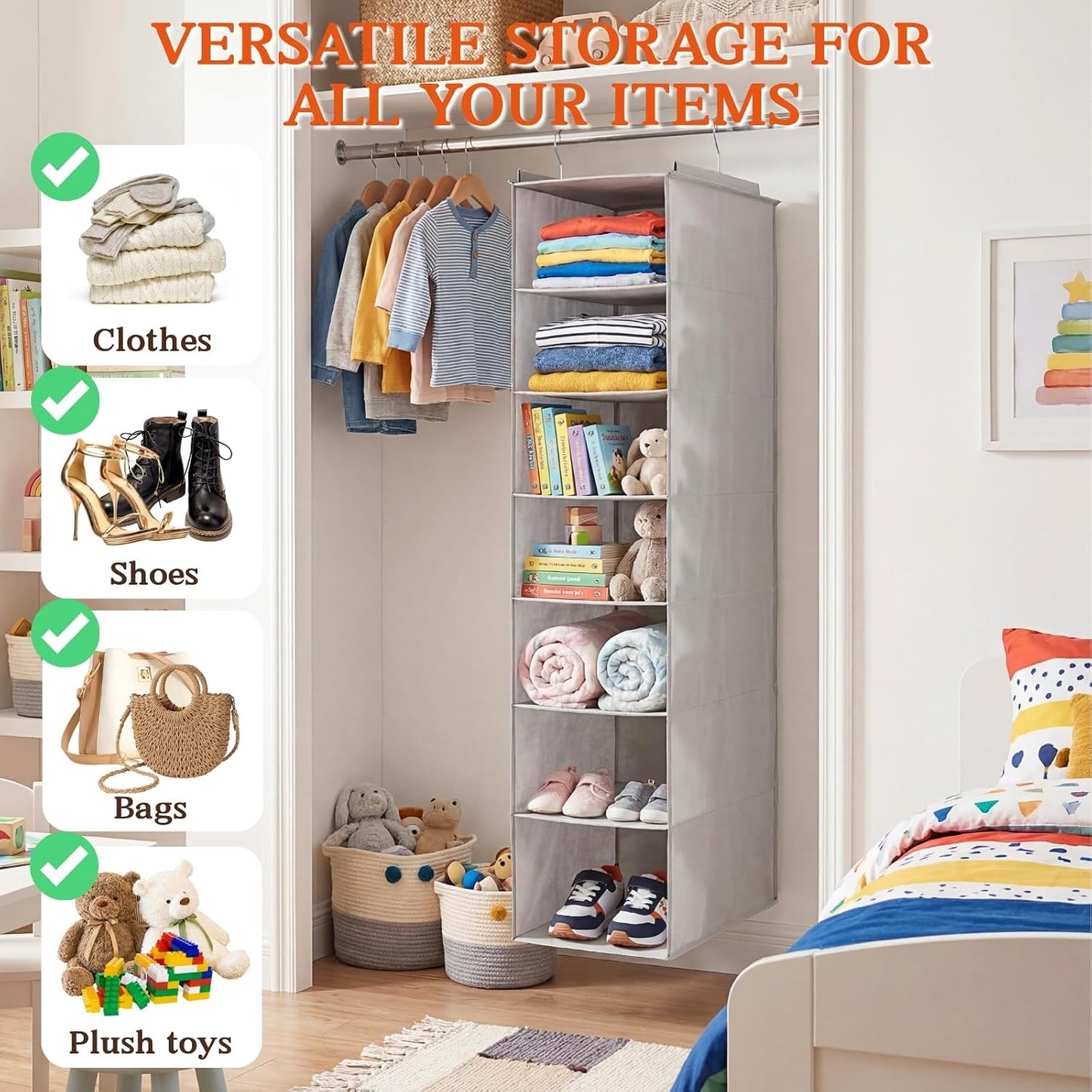 Hanging Shoe Organizer for Closet, 8 Tier Extra Wide Closet Shoe Organizer | Adjustable Shelf Height for Boots and Shoes, Heavy Duty Hanging Shoe Rack for Closet Rod, Space-Saving Shoe Storage Organizer