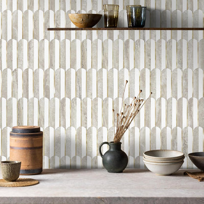 Vamos Peel and Stick Backsplash Seamless Tile for Kitchen and Bathroom,White and Beige Slate PVC Mixed Light Gold Self Adhesive Fish Scale Metal Mosaic Tiles (10 Sheets)