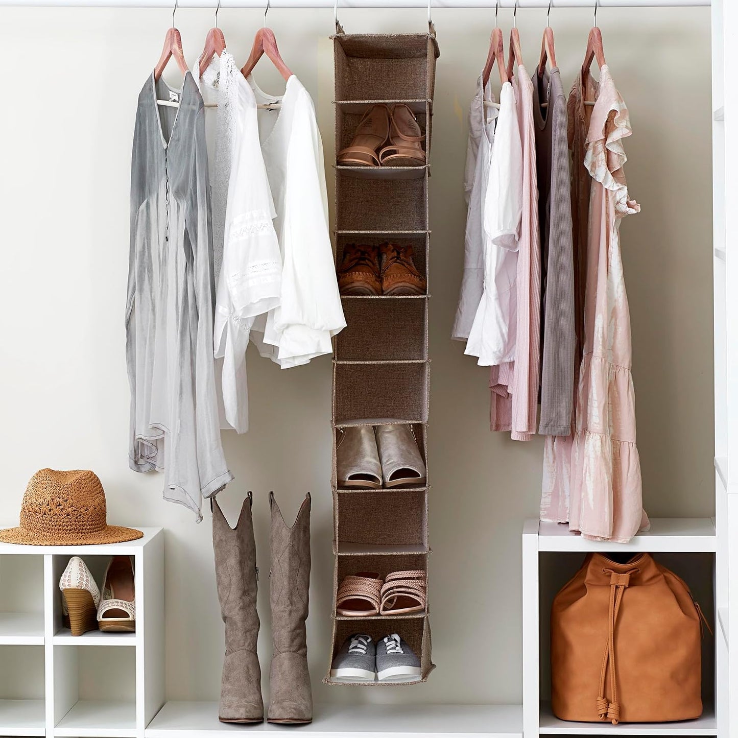 Household Essentials 311322 Hanging Shoe Storage Organizer for Closets |10 Pocket Shelves | Natural Canvas