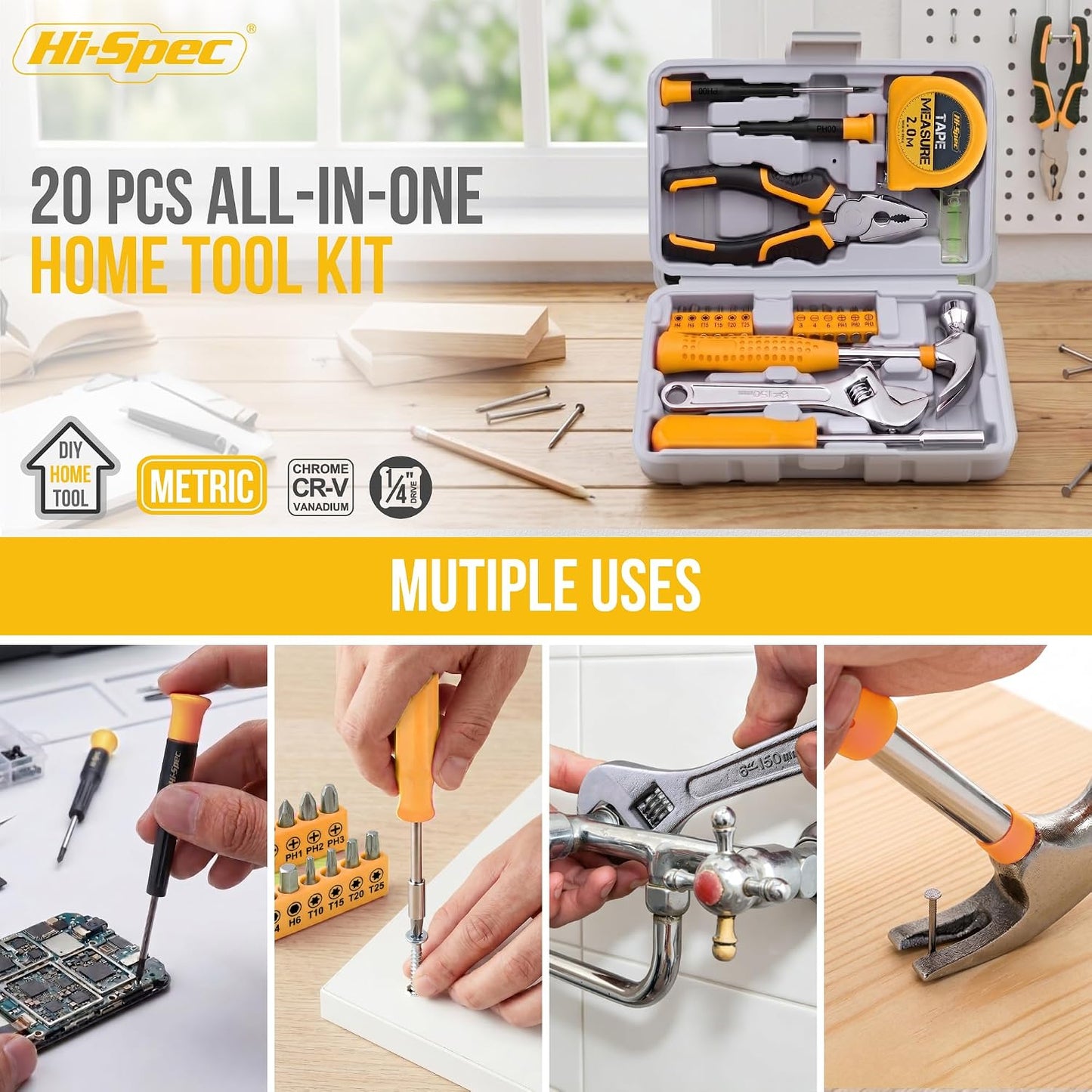 Hi-Spec Tool Kit Yellow 20pc. Small Tool Kit for Home DIY & Office Repairs. Compact and Lightweight Essential Tools in a Portable Book-Sized case.