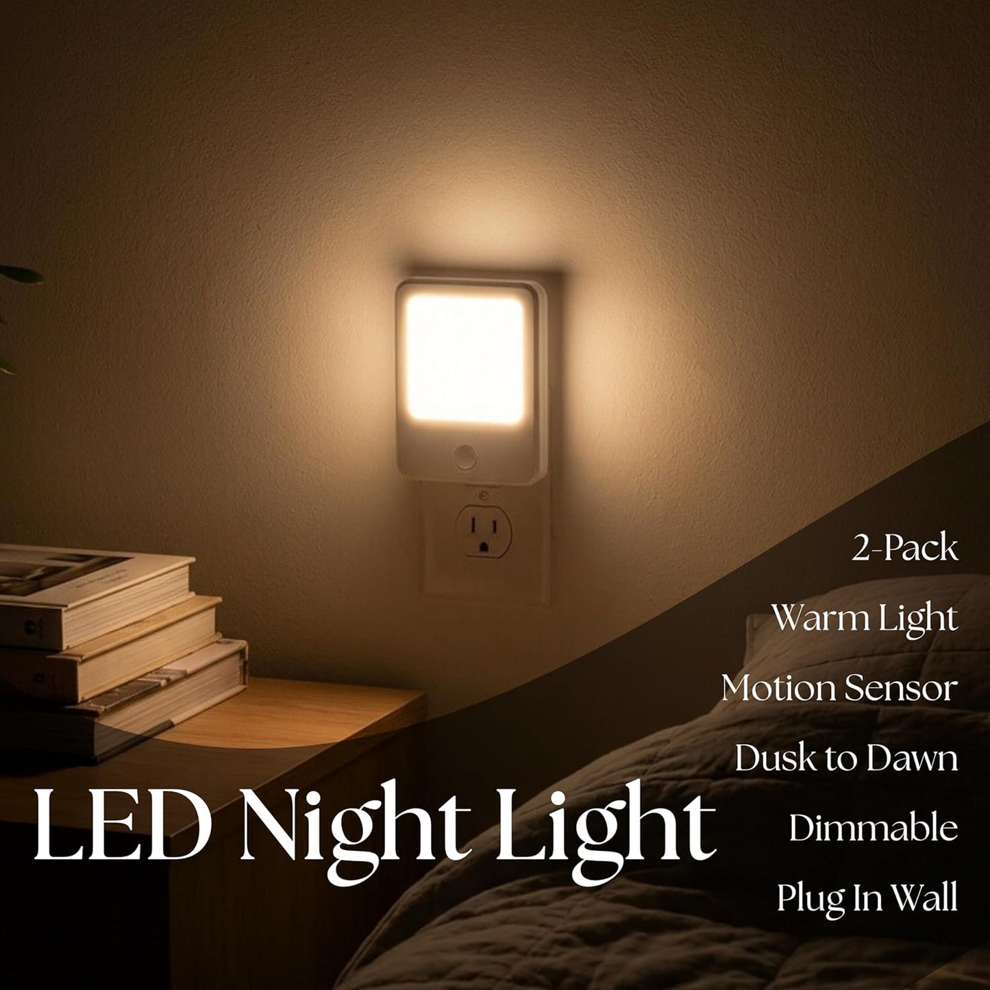 DYMOND Plug in Night Lights with Motion Sensor Dusk to Dawn, Dimmable Warm White Soft Light for Hallway, Bedroom, Bathroom, Stairway, Kids Room 2-Pack