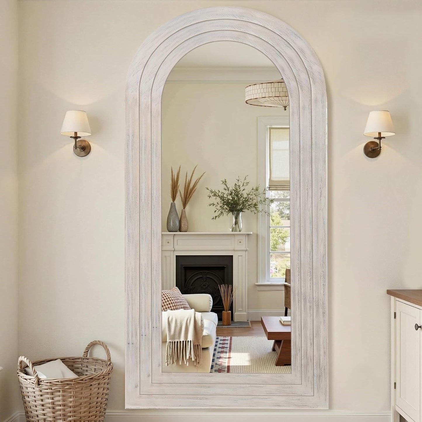 Antok Full Length Mirror with Solid Wood Frame, 71"×32" Wall Mounted Oversized Floor Mirror with Stand, Leaning Standing Hanging for Bedroom Living Room Entryway, Walnut, Arched Syle