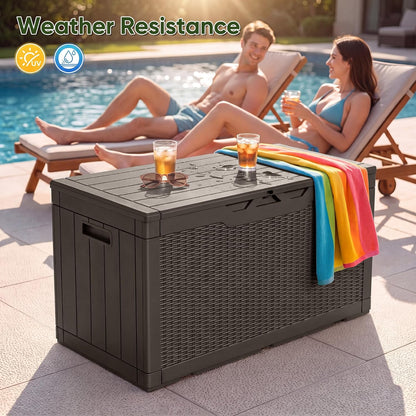 Flamaker Outdoor Storage Box 80 Gallon Resin Waterproof Deck Box Delivery Box with Wood Texture Large Storage Bin for Patio Cushions, (Grey)