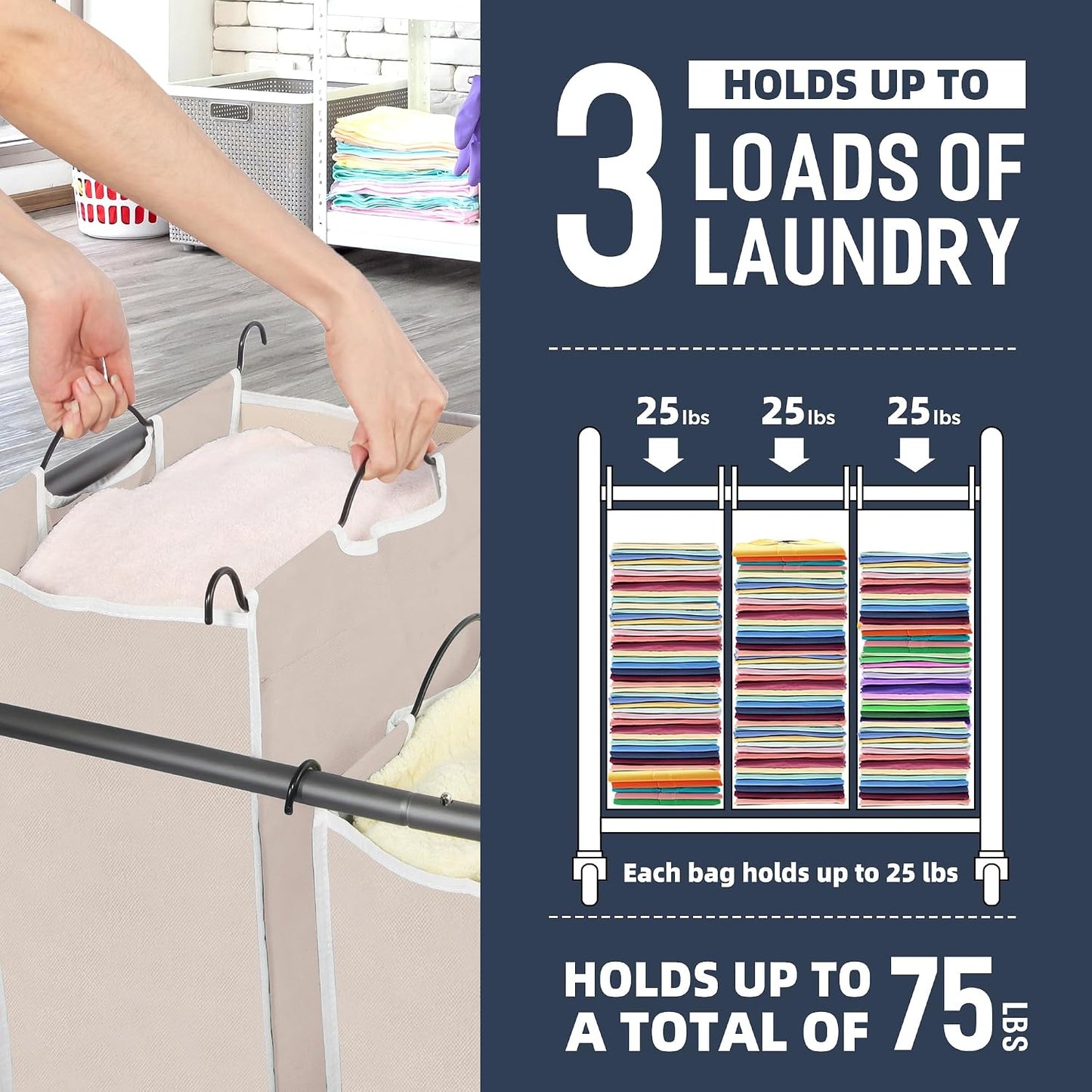 STO STO Laundry Sorter 3 Section, 3 Bag Clothes Hamper, Rolling Laundry Cart Basket with Heavy Duty Lockable Wheels and Removable Bag for Laundry Room, Bedroom, Closet, Gray