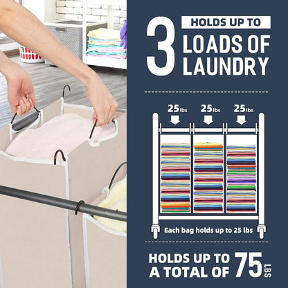 STO STO Laundry Sorter 3 Section, 3 Bag Clothes Hamper, Rolling Laundry Cart Basket with Heavy Duty Lockable Wheels and Removable Bag for Laundry Room, Bedroom, Closet, Gray