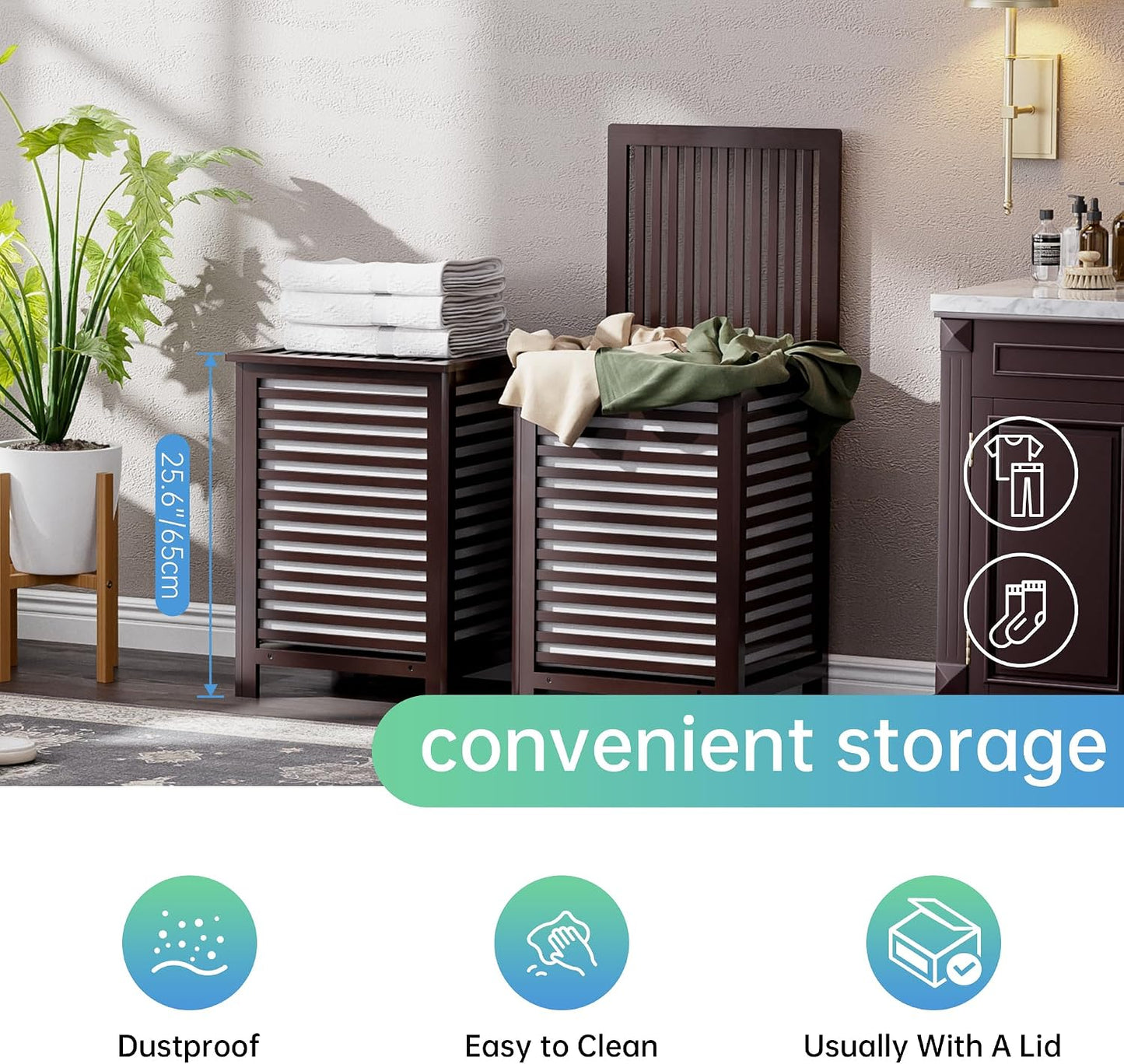 SMIBUY Double Laundry Hamper with Lid, 120L Bamboo Laundry Basket with Removable Liner Bag, 2-Section Clothes Divider Laundry Sorter for Laundry Room, Bathroom, Bedroom (Walnut)