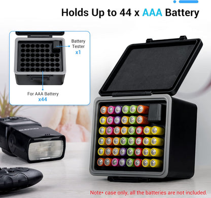 JJC 44 Slots AAA Triple A Battery Case Holder with Removable Battery Tester, Water-Resistant & Shockproof AAA Battery Storage Box Organizer
