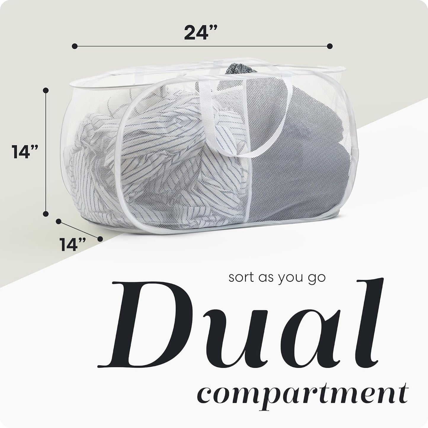 Handy Laundry Collapsible Laundry Basket, 3-Compartment Mesh Laundry Sorter, Foldable Pop Up Hamper with Handles, Space-Saving Durable Organizer for Dorm, Bedroom, Travel, White