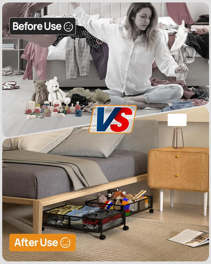 Under Bed Storage with Wheels, Foldable Metal Under Bed Storage Containers, 60L Rolling Underbed Storage, Easy Assembly Under The Bed Storage for Bedroom Clothes Shoes Blankets