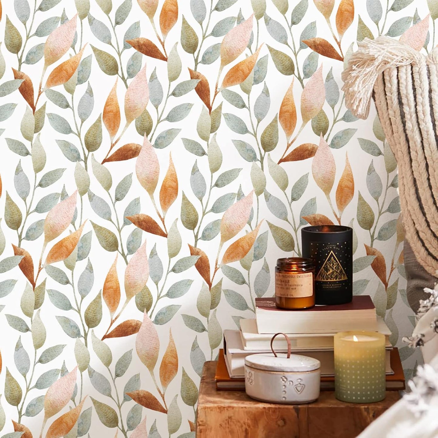 Floralplus Peel and Stick Wallpaper Removable Leaf Boho Wallpaper for Bathroom Floral Renter Friendly Wallpapers for Bedroom Leaf Contact Paper for Kitchen Cabinet Home Decor 17.5 x 118 in