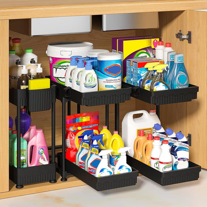 Sevenblue 3-Pack 2-Tier Under Sink Organizers with Sliding Drawers | Multi-use kitchen & bathroom storage, 12.8 inch black cabinet organizer, space-saving sliding drawer design.