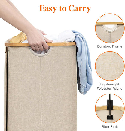 Lifewit 120L Laundry Basket with Lid, Clothes Hampers for Laundry with Bamboo Handles and 2 Removable Bag, Large Foldable Laundry Hamper for Bedroom, Bathroom, Dorm, Laundry Room, Beige