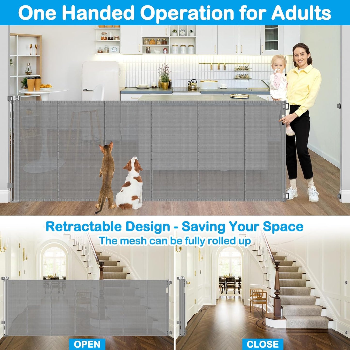 42 Inch Extra Tall Retractable Baby Gates with Reinforced Strips 55 Inch Wide Outdoor Retractable Dog Gate No Sag Extra Tall Baby Gate for Doorway Anti-Scratch Mesh Gates for Kids or Pets, White