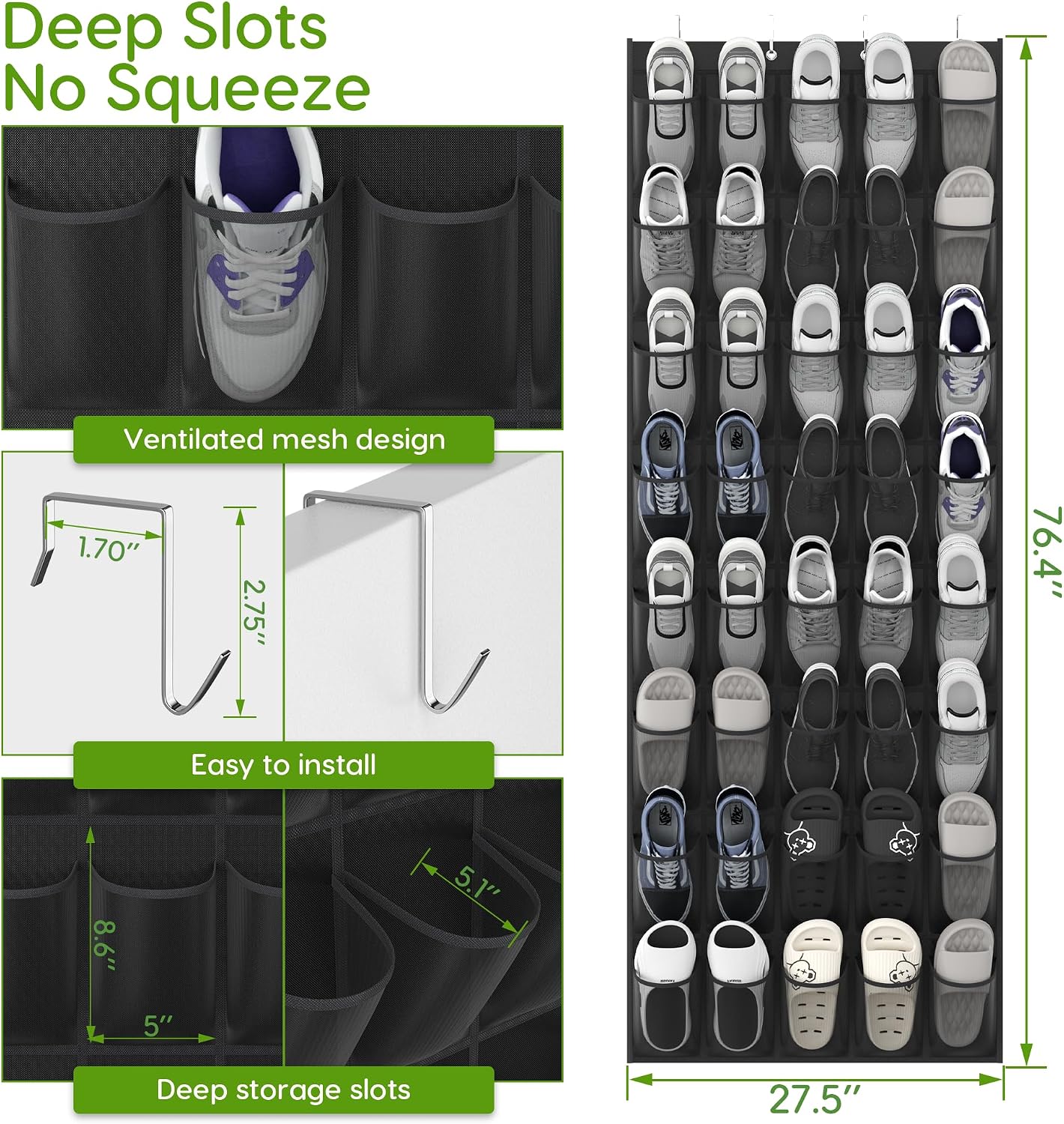 Over the Door Shoe Organizer with 40 Large Breathable Mesh Pockets, Space Saving Shoe Holder, Hanging Shoe Rack for Entryway Bedroom Closet Storage (White, 40 Pockets)