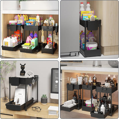 Sevenblue 3-Pack 2-Tier Under Sink Organizers with Sliding Drawers | Multi-use kitchen & bathroom storage, 12.8 inch black cabinet organizer, space-saving sliding drawer design.