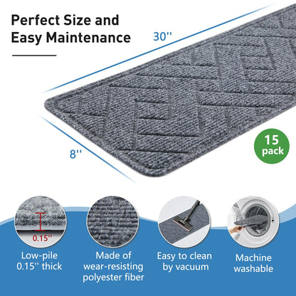 Non Slip Stair Treads for Wooden Steps,15 Pack 8" X 30" Stairs Carpet Treads Indoor with Reusable Peel and Stick Adhesive for Kids Elders and Pets
