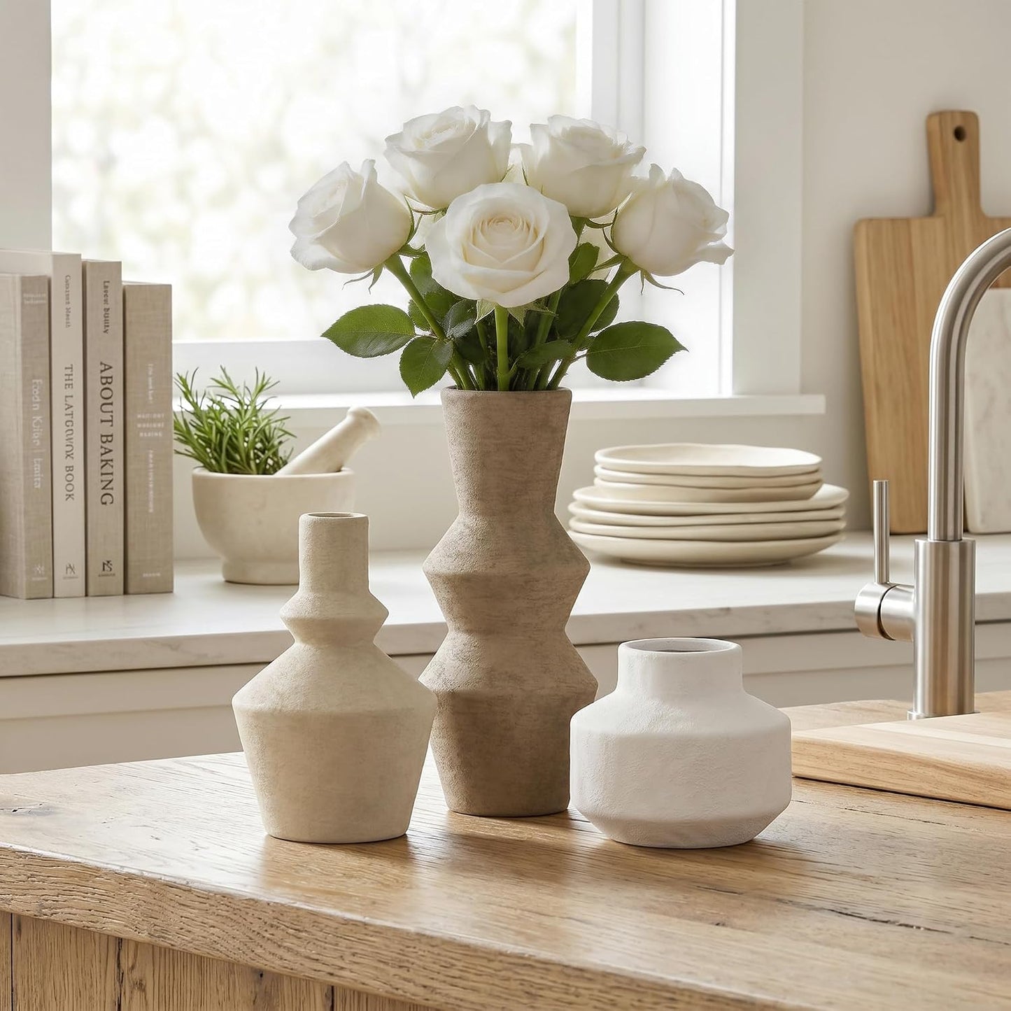 DREAMLOOM Ceramic Vase Set of 3, Modern Rustic Flower Vases for Pampas Grass, Dried & Fresh Flowers, Farmhouse Home Decor Vase for Living Room Bedroom Kitchen Shelf Centerpiece, Classic