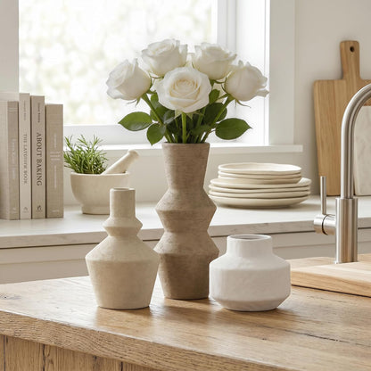 DREAMLOOM Ceramic Vase Set of 3, Modern Rustic Flower Vases for Pampas Grass, Dried & Fresh Flowers, Farmhouse Home Decor Vase for Living Room Bedroom Kitchen Shelf Centerpiece, Classic