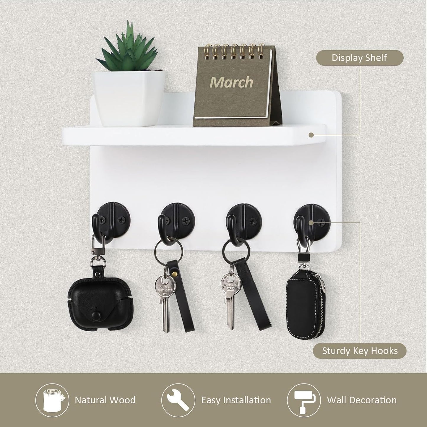 Nekon Key Holder Wall Mount, 8.5 Inch Small Home Decor Wooden Wall Organizer with 4 Hooks and Shelf, Wall Decor for Living Room Entryway Kitchen (Brown)