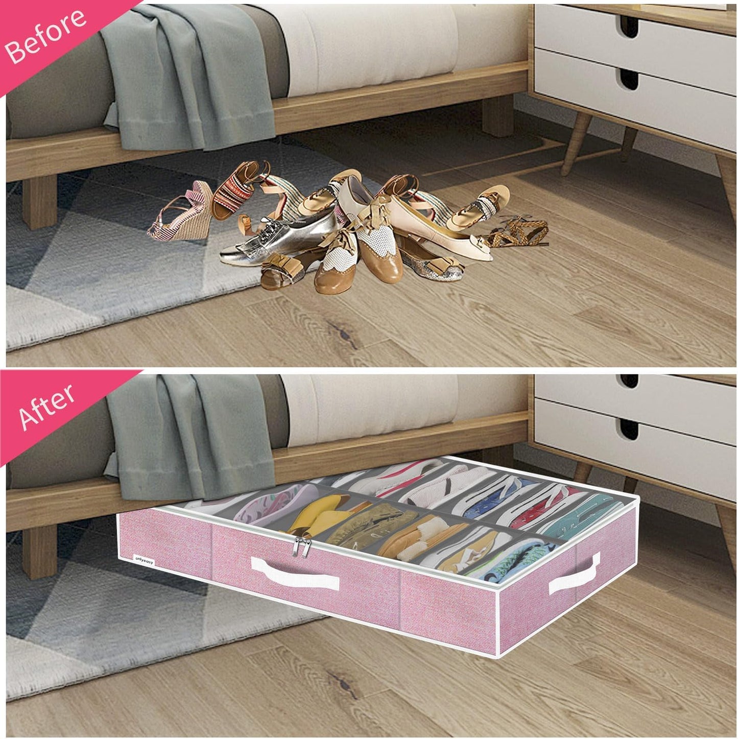 Onlyeasy Sturdy Under Bed Shoe Storage Organizer, Set of 2, Fit 12 to 24 Pairs, Underbed Shoes Closet Storage Solution with Clear Window, Breathable, L29.3 x W23.6 x H5.9, Linen-like Black, MXAUBSB2P