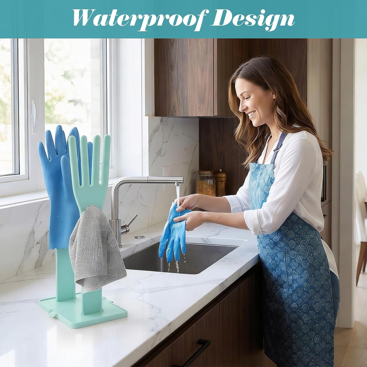 Kitchen Dish Glove Holder Reusable Plastic Dishwashing Gloves Drying Rack, Rubber Mitten Clothes Dryer Washing Sink Holders Stand Towel Hanger for Dish Gloves Rags Sponge Food Bag Organizer(Blue)