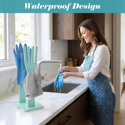 Kitchen Dish Glove Holder Reusable Plastic Dishwashing Gloves Drying Rack, Rubber Mitten Clothes Dryer Washing Sink Holders Stand Towel Hanger for Dish Gloves Rags Sponge Food Bag Organizer(Blue)