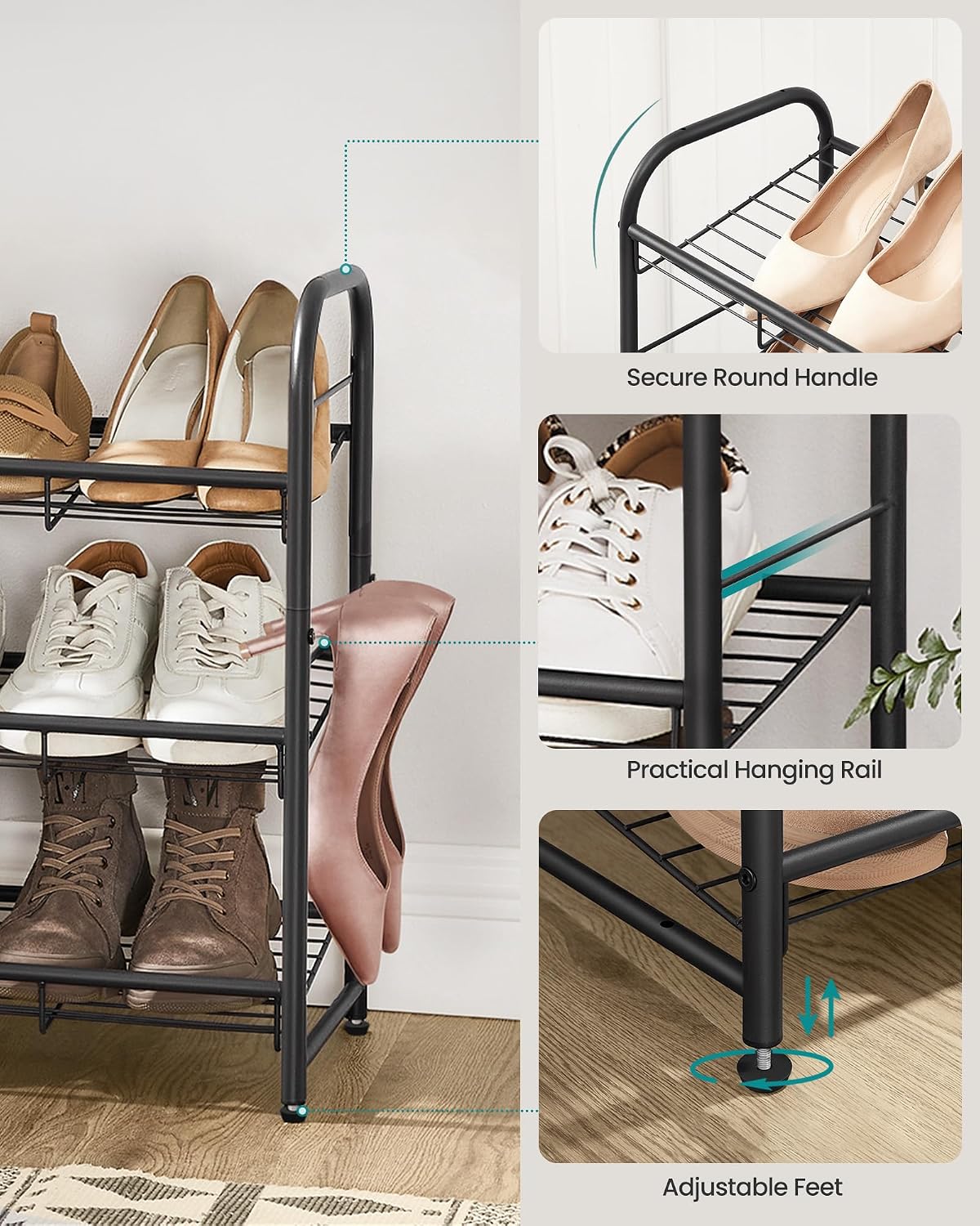 SONGMICS Stackable Shoe Rack, 4 Tier Metal Shoes Rack Storage Shelf, Holds up to 16 Pairs Shoes, Adjustable Slanted Shelves Shoe Tower Organizer for Closet Entryway Small Spaces, Black