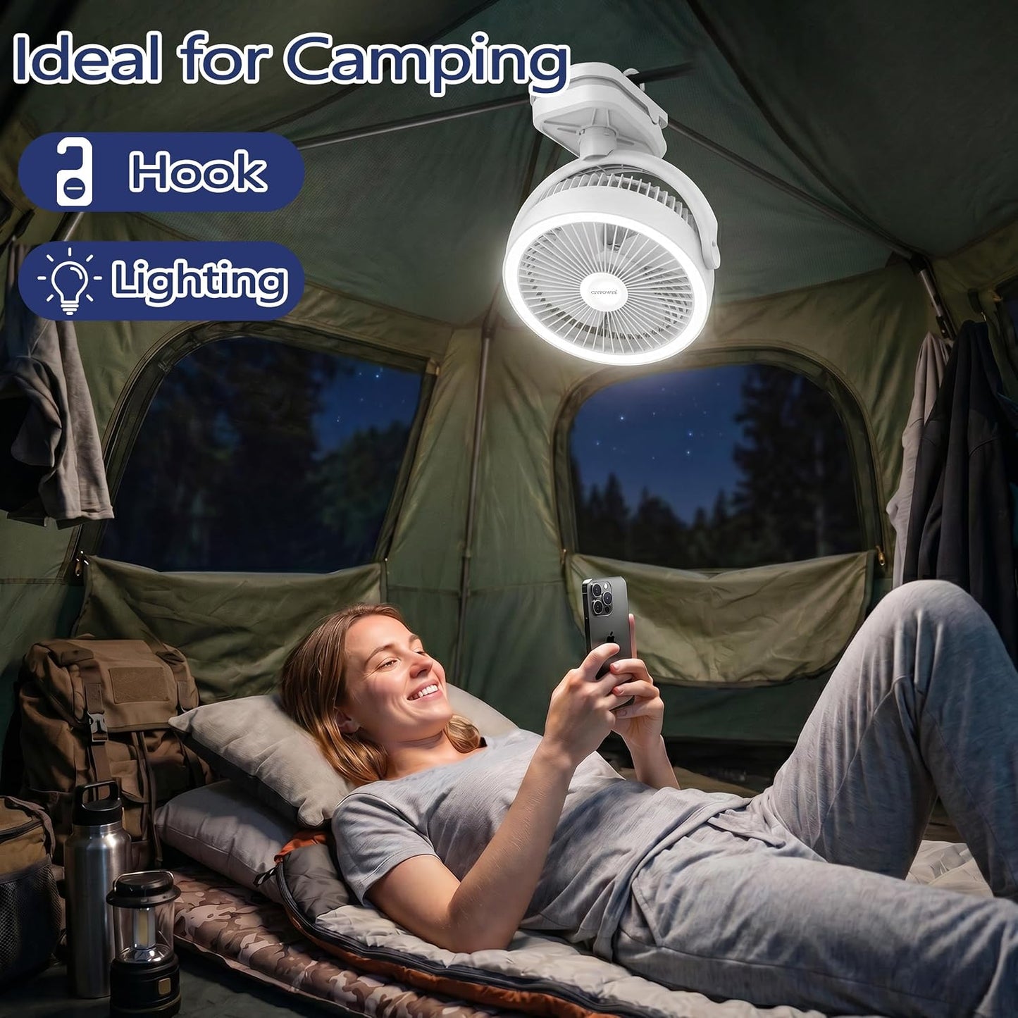 Clip on Fan 16000mAh: Portable Rechargeable Clamp Fan for Stroller Bed Camping Tent Golf Cart - Quiet Battery Operated with 3 Speed Strong Airflow LED Light Hook for Office Desk Outdoor (Black)