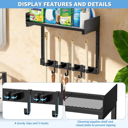 HUFAND Broom Holder Wall Mount, 27" Large Mop and Broom Organizer Wall Hanging with Top Storage Shelf & Vacuum Hook, Heavy Duty Iron Utility Rack for Laundry Room, Garage, Kitchen, Garden - Black