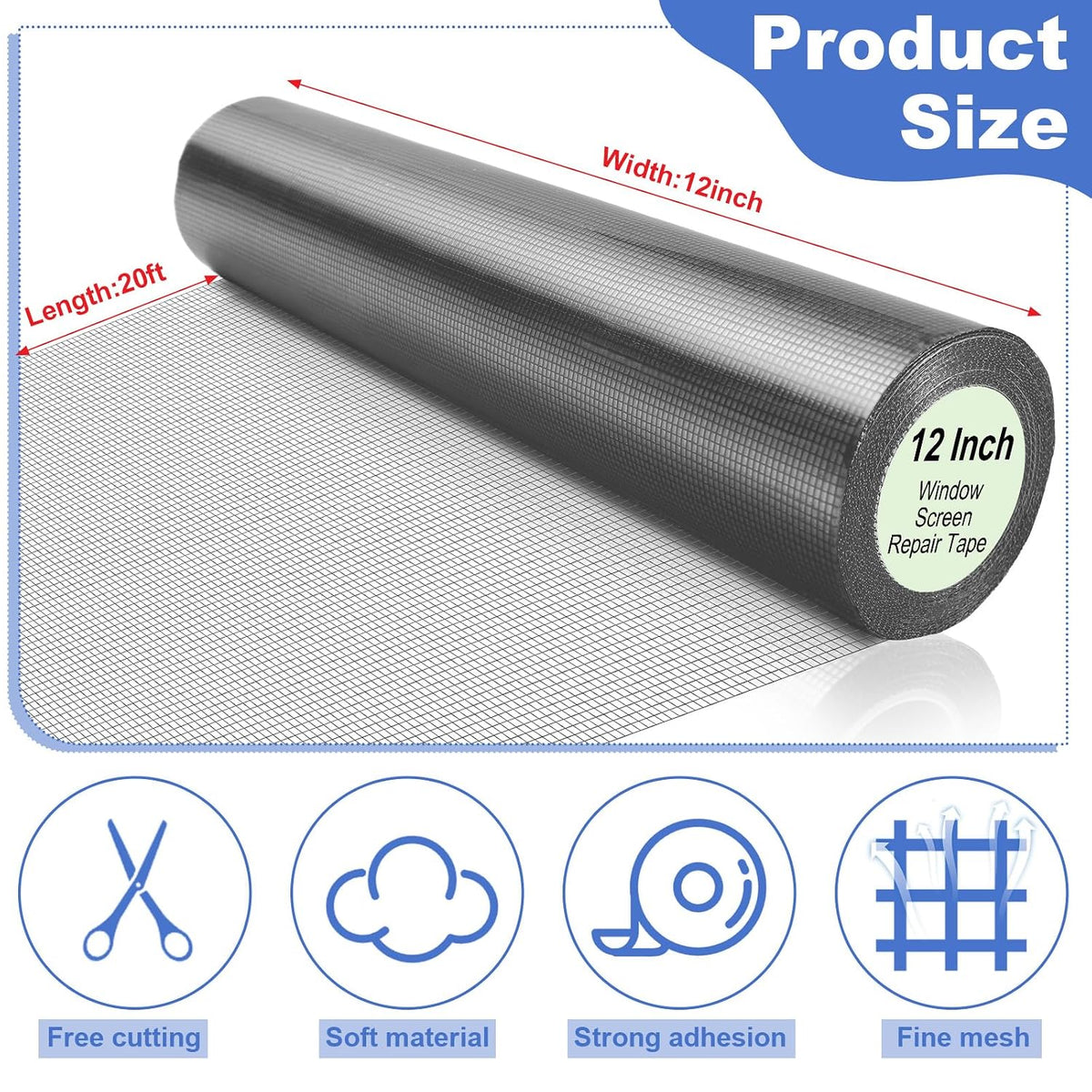 CroBlissful Extra Wide 5 inch x 20 ft Window Screen Tape Mesh Repair Strong Adhesive Waterproof Fiberglass Screen Repair Kit Patch for Window Door Tears Holes(Black)