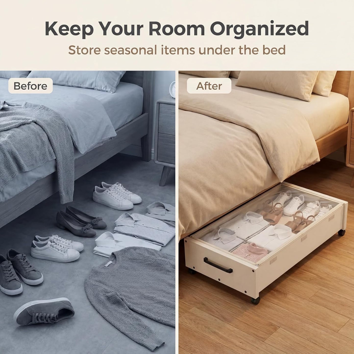 KITHELP Under Bed Storage Containers with Wheels, 2 Pack Underbed Shoe Storage Organizer with Removable Lids, Large Rolling Under Bed Storage Dresser Drawers for Clothes Toys Shoes Blankets