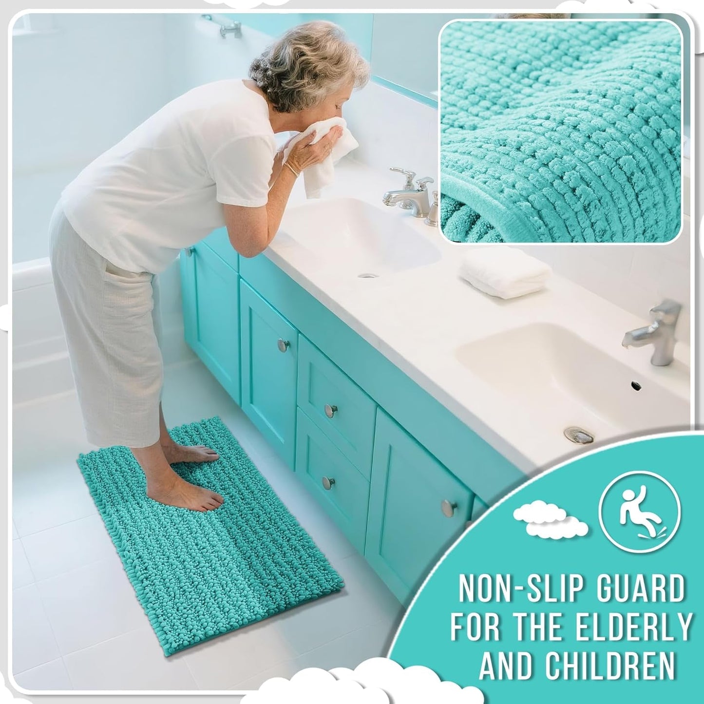 Yimobra Bathroom Rugs Non Slip Washable - Ultra Soft Absorbent Chenille Bath Mat, Quick Dry Shaggy Floor Carpet for Tub Shower, Gray Home Decor Accessories, 24x17 Inch