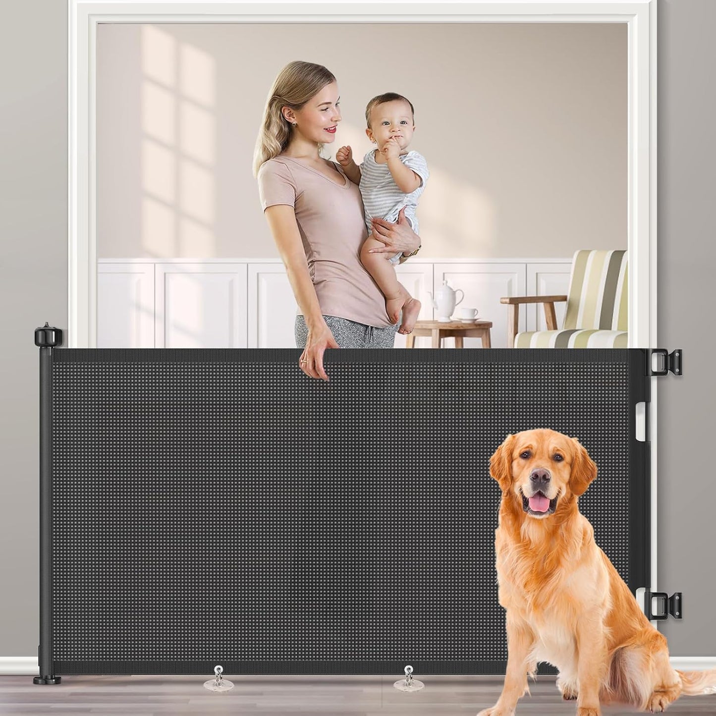 71 inch Retractable Baby Gates, EZIGO Extra Wide Baby Gate for Large Opening Extra Long Mesh Gate for Kids or Pet Dog Gate Child Safety Gate for Stairs Hallways Doorway Indoor Outdoor, Gray