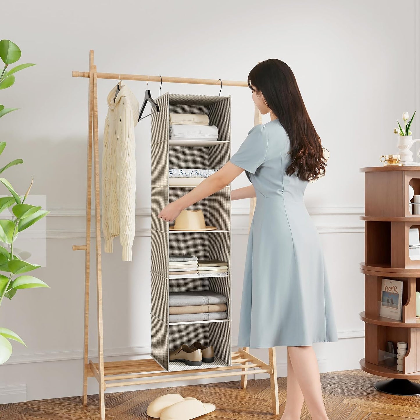 Hanging Closet Organizer 3-Shelf, Oxford Fabric Wardrobe Storage, Gray | Easy-mount foldable design holds clothes, handbags, shoes & accessories; washable Oxford fabric, sturdy and space-saving.
