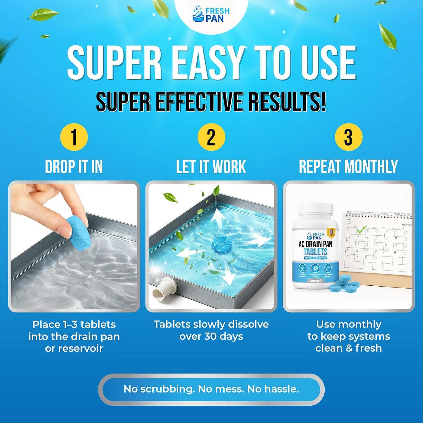 FreshPan AC Drain Pan Tablets (100-pack) | 4 Year Supply of Slow Release AC Condensate Pan Tablets for Clean, Fresh Flow