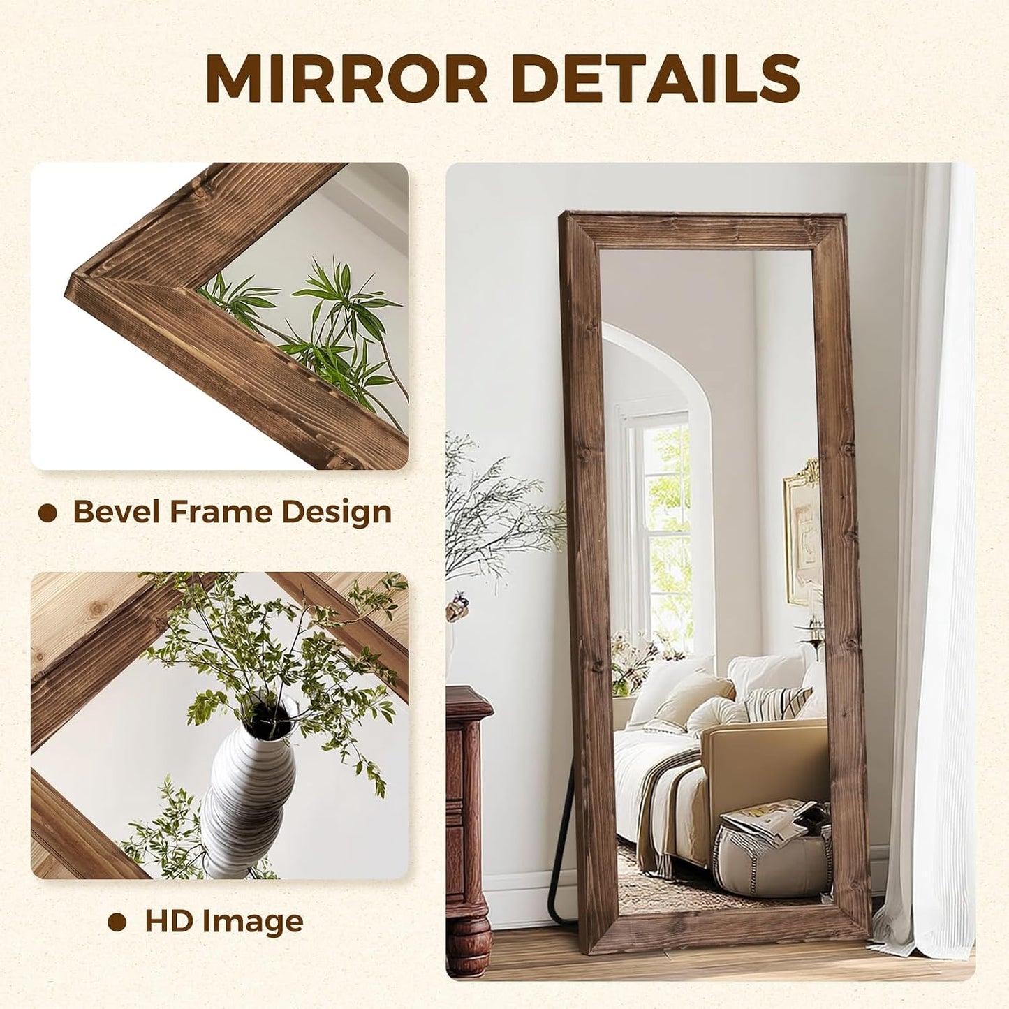 Solid Wood Full Length Mirror - 65"x22" Arched Floor Mirror, Free Standing & Wall Mounted - Elegant Design for Bedroom, Dressing Room, Hallway, Brown