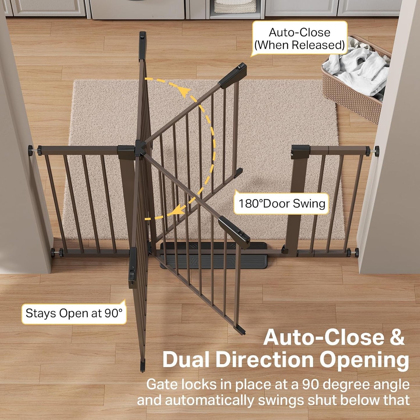 Cumbor 29.7-48" Baby Gate for Stairs, Mom's Choice Awards Winner-Dog Gate for Doorways, Auto Close Safety Pet Gate for Dogs Indoor, Easy Install Pressure Mounted Child Gate with Walk Thru Door, Brown