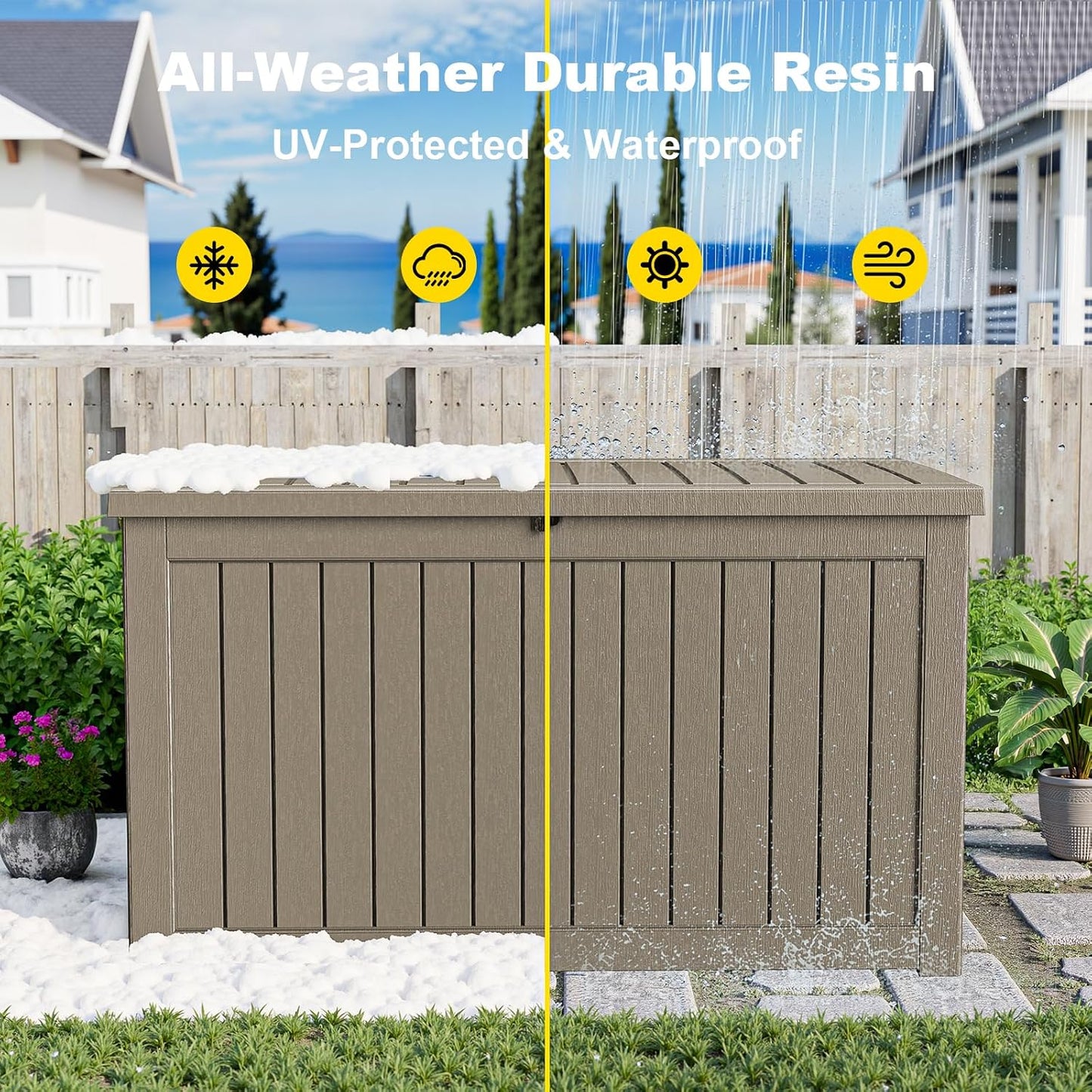 ROJIK 55Gal Outdoor Storage Box Waterproof Deck Box | Heavy-duty UV-resistant resin, space-saving for balcony/patio, stores cushions/tools/pool gear, lockable lid as table/bench