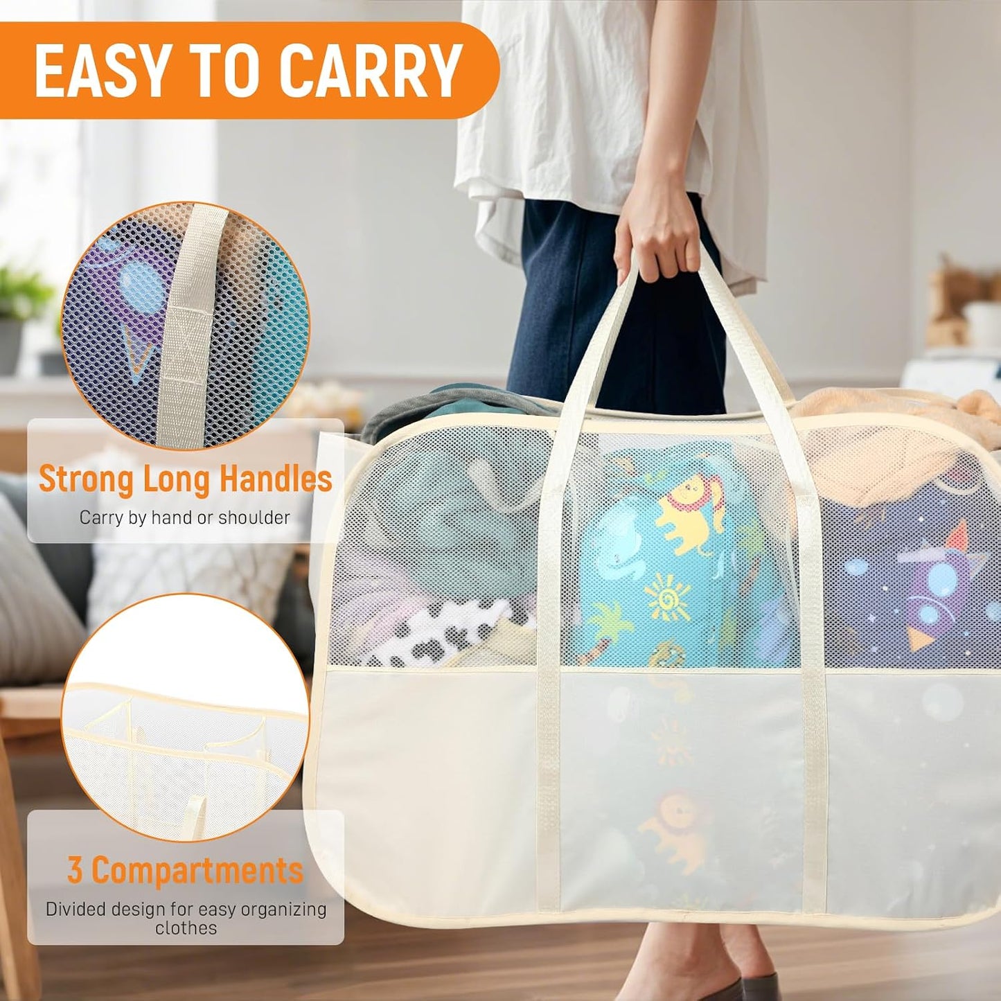 Collapsible Laundry Baskets with 3 Compartment, 150L Tear-proof Pop Up Hamper, Foldable Laundry Basket with Tote Handles, Dirty Clothes Hamper for Laundry, Bedroom, Bathroom, Dorm Grey