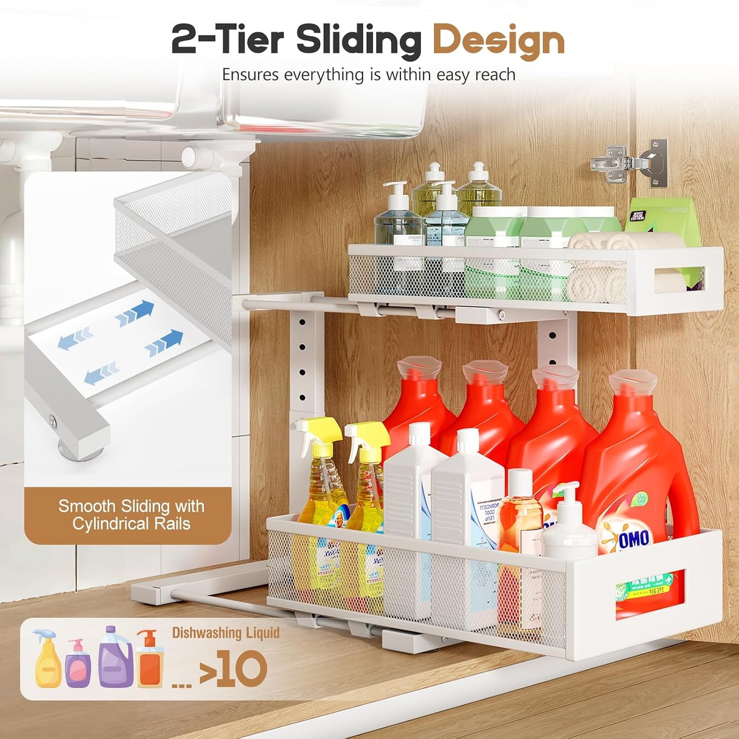 2-Pack Under Sink Storage Organizer, Large 2-Tier Elegant Mesh Pull Out Shelf for Kitchen and Bathroom Cabinet Organization, L-Shaped and Adjustable Height Design,Patent Pending-Black