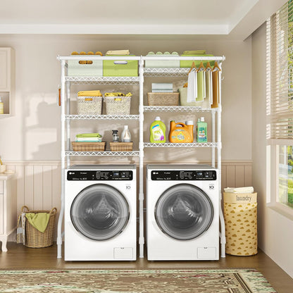 Ulif U13 Medium Over Washer and Dryer Storage Shelves, 6 Tiers Laundry Room Standing Shelf with 2 Hanger Rods, Space Saver Clothes Drying Rack, 57.8" W x 22" D x 77.4" H, Black