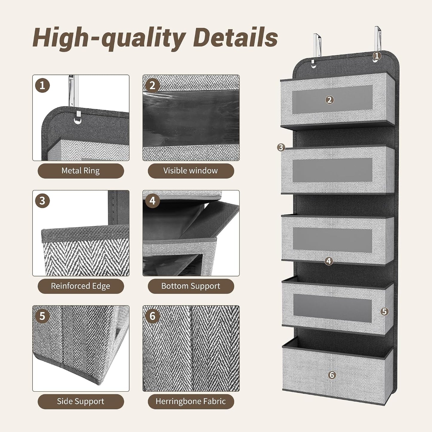 Narrow Over The Door Organizer, 5 Large Pockets Fabric Storage, 12" Wide | With Metal Hooks, Clear Window for quick view, 11.8" Slim design, Back of Door Hanging for Clothes Pantry Dorm Bedroom