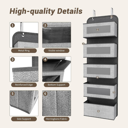 Narrow Over The Door Organizer, 5 Large Pockets Fabric Storage, 12" Wide | With Metal Hooks, Clear Window for quick view, 11.8" Slim design, Back of Door Hanging for Clothes Pantry Dorm Bedroom