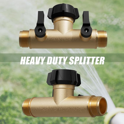 YANWOO Garden Hose Splitter, Heavy Duty Metal 180 Degree T Type with Shut-Off Valves, 3/4" High Flow Spigot Faucet Connectors with 2 Extra Silicone Washers