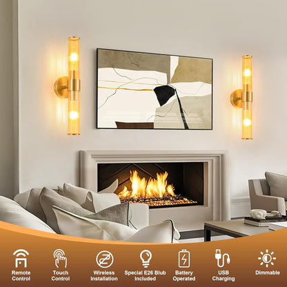 Morauroral Gold Battery Operated Wall Sconces Set of Two, Rechargeable Wall Sconce with Dimmable Remote Control, 20 Inch Wireless Sconce Wall Light for Bedroom, Living Room (Bulbs Included)