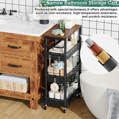 Utility Slim Storage Cart, 4-Tier Narrow Bathroom Organizers and Storage Cart, Narrow Metal Kitchen Laundry Room Organization Shelf with Wood Top, Slim Rolling Carts with Wheels for Small Space