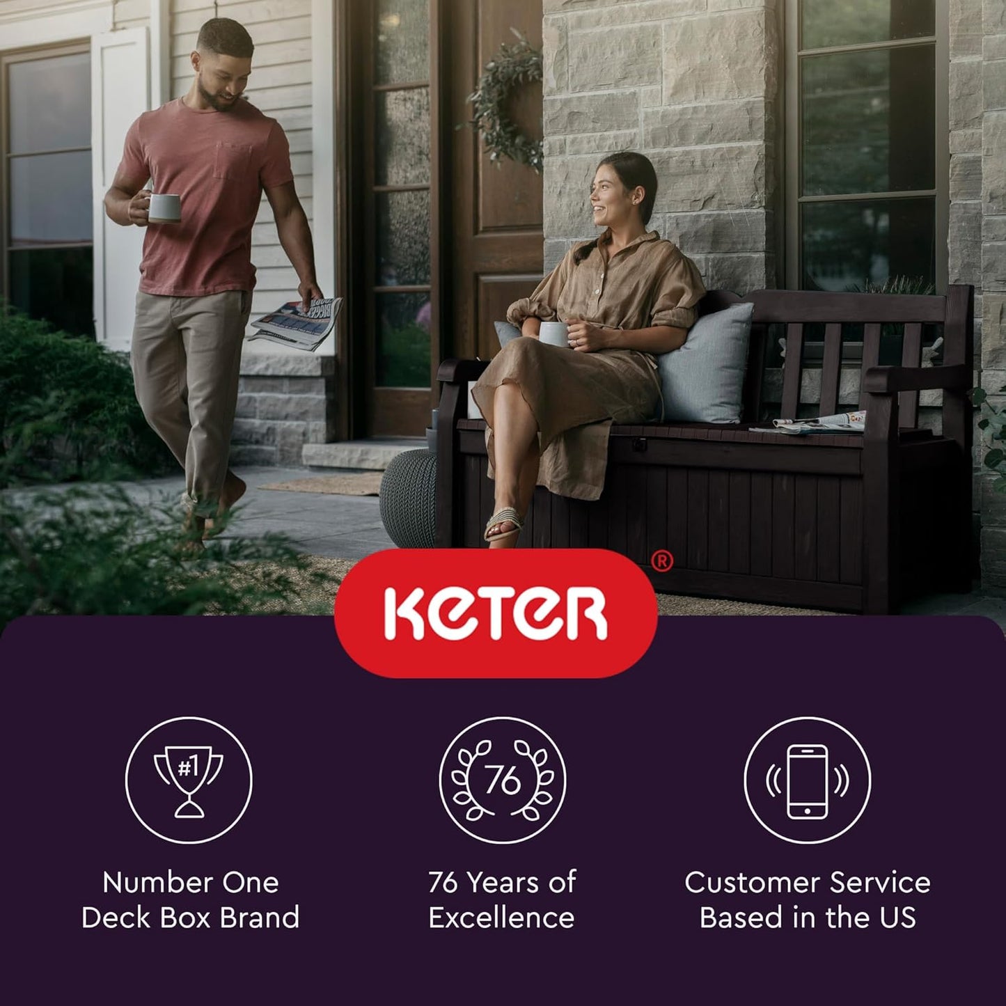 Keter Solana 70 Gallon Storage Bench Deck Box for Patio Furniture, Front Porch Decor and Outdoor Seating – Perfect to Store Garden Tools and Pool Toys, Brown/Brown