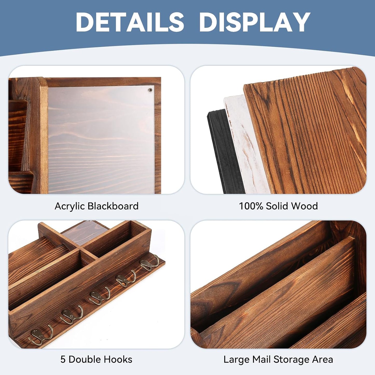 Key Holder Wall Mount, Mail Organizer Wall Mounted, Solid Wood Key Holder for Wall Living Room Entryway Home Decor, with 10 Key Hooks, Shelf, Marker Pen, 15.7" x 10.2" x 2.8"