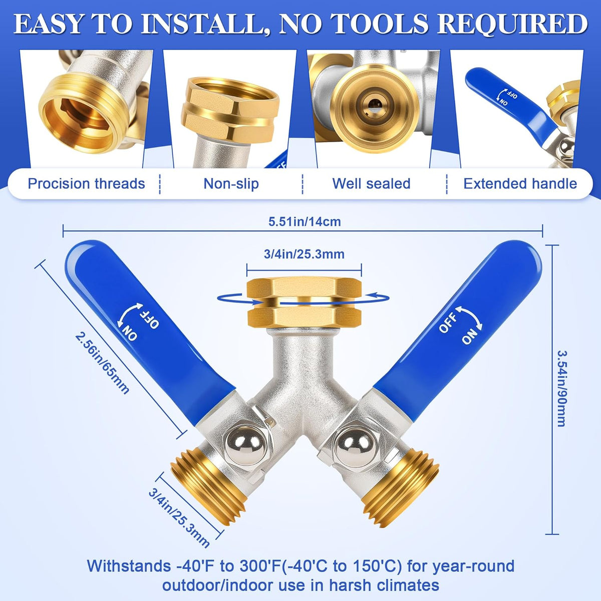 EJW Hose Splitter, 2 Way Hose Splitter, Garden Hose Splitters,Faucet Splitters, Outdoor Faucet Splitter, 2 Way Hose Connector,Brass Splitter, 3/4” GHT Threads.